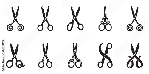 Professional and decorative scissors icon collection for tailoring and grooming tools. Vector Illustration.	
