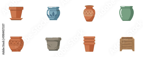 Collection of flower pots and garden vases in various materials like clay, ceramic, stone and wood. Vector Illustration.	

