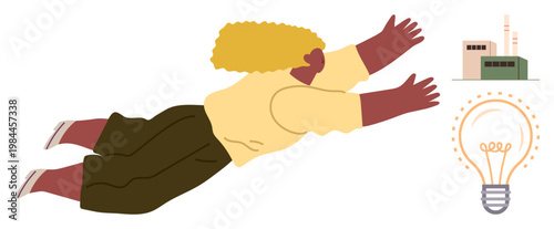 Innovation, creativity, business solutions, industrial growth, visionary thinking, energy. A person reaching toward a glowing lightbulb and factory. Innovation and creativity concept