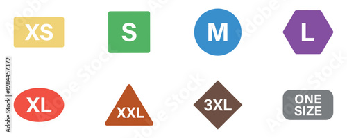 Colorful clothing size labels set including XS, S, M, L, XL, XXL, 3XL and one size. Vector Illustration.	
