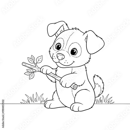 An adorable cartoon puppy with big expressive eyes sits happily while holding a small wooden stick with tiny leaves in its paws for a fun creative black and white drawing.