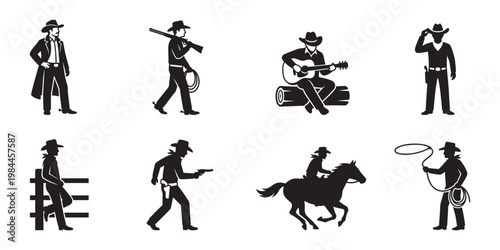 Cowboy Silhouettes Set. Western Characters in Various Poses. Vector Illustration.	
