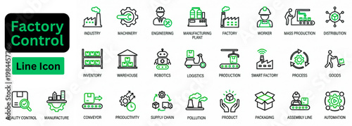 Line art vector of Factory Control icon set. Factory Control line icon set. Manufacturing industry icon set flat style illustration. containing production line, material handling, waste reduction