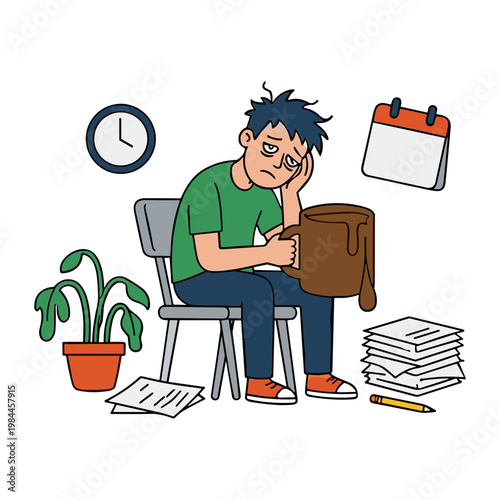 A stressed man sits on a chair with papers, feeling overwhelmed by deadlines.
