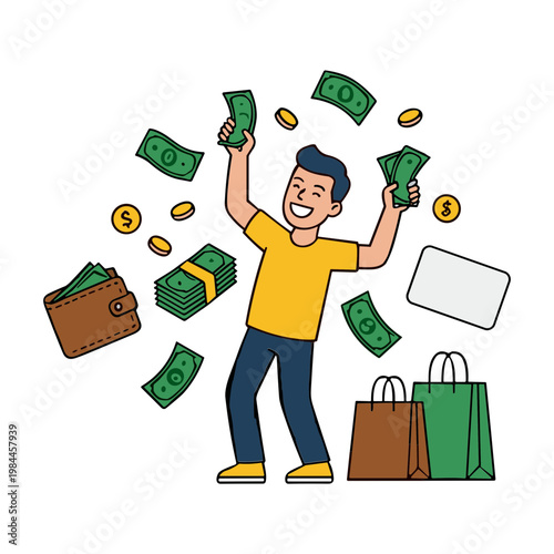 Man celebrating with money flying around him in air happily