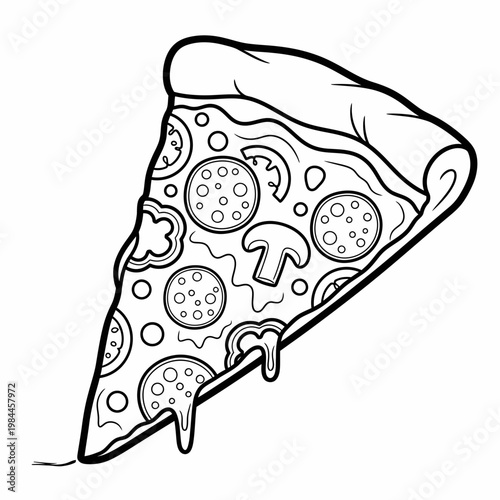 A detailed black and white line art illustration of a single delicious slice of pizza topped with tasty pepperoni slices mushrooms and colorful bell peppers for a creative design.