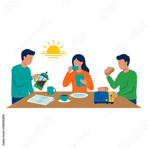 People sitting at a table eating breakfast together outdoors