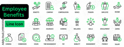 Line art vector of Employee Benefits icon set. Employee Benefits line icon set. Employee Benefits outline Icon Set Health, Insurance, Pension, Bonus, Salary, Vacation, Wellness, Perks, Retirement. 