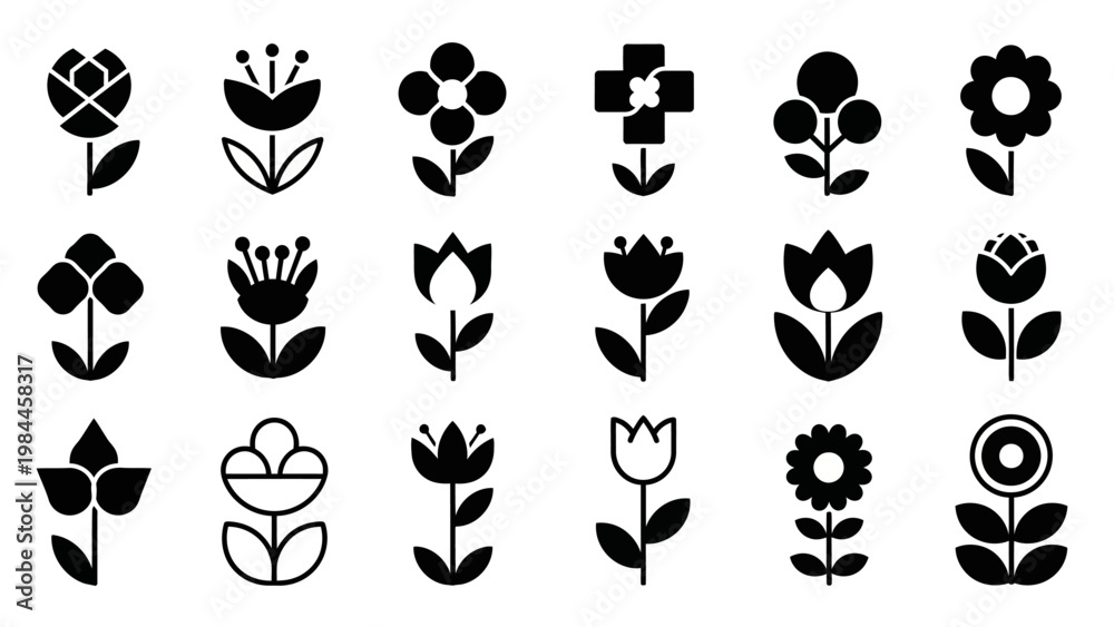 Obraz premium Black and white floral icons decorative vector set for design projects