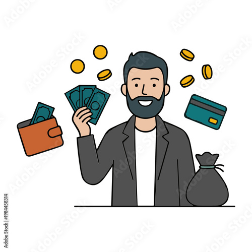 Man smiling with money bills coins wallet and credit card