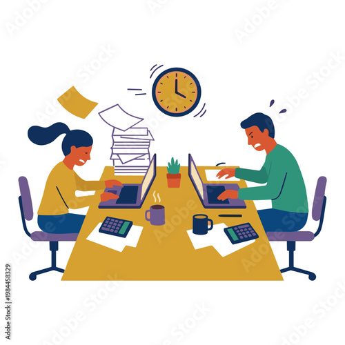 Two coworkers work quickly on laptops at a desk with papers and a clock.