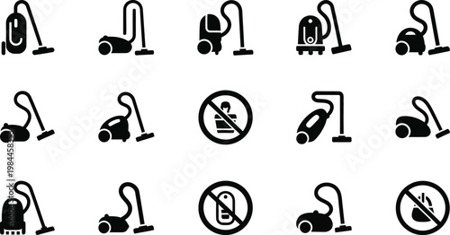 Vacuum cleaner silhouette icons with restriction symbols for cleaning and maintenance concepts