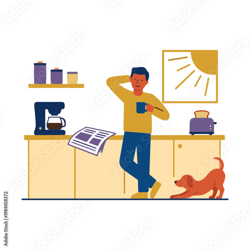 Man relaxing with coffee and dog in modern kitchen interior