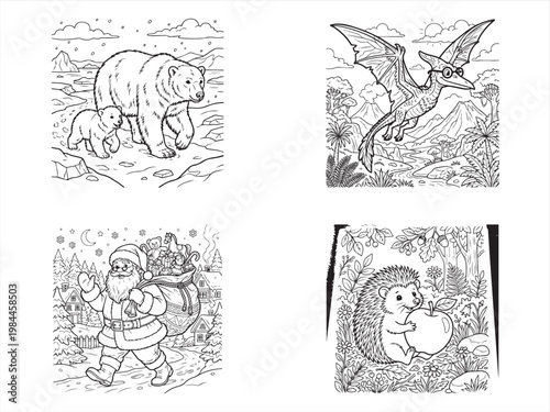 Coloring book pages, animal illustrations, kids activity sheets, black and white drawings