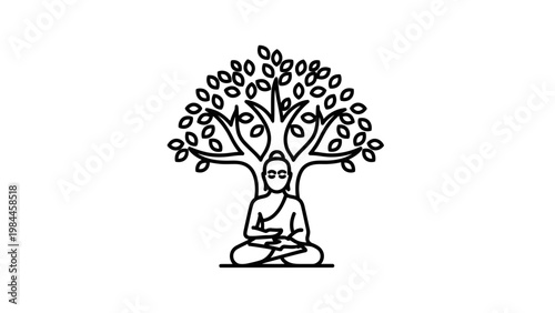 Meditating figure under tree symbolic line art for contemplation