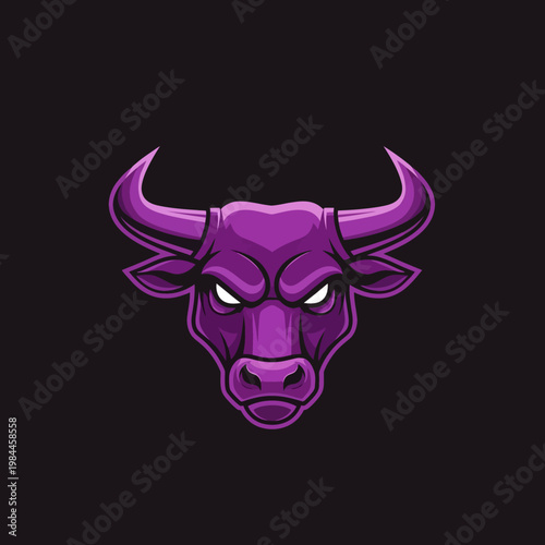 Fierce purple bull head with sharp horns and glowing white eyes on a black background