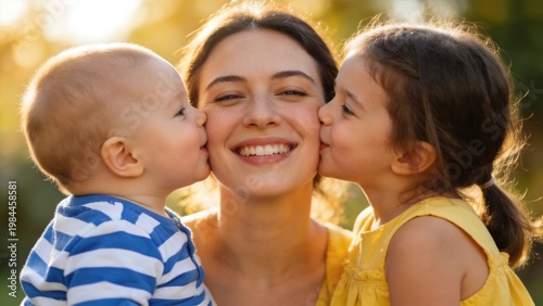 Mother with two children kissing her cheeks