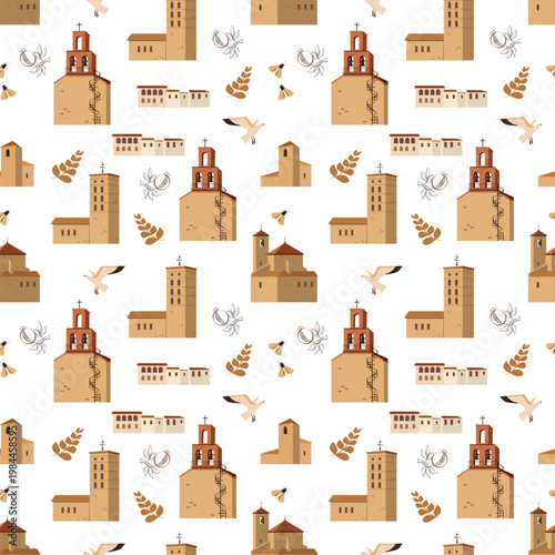 
A Mediterranean city pattern with architecture and birds in warm tones. Isolated on a white background.