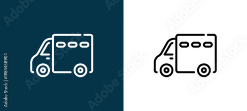 Black and white prisoner transport vehicle line icon pair, editable stroke vector illustration for web, mobile apps, UI design, branding, and print from Law and Justice