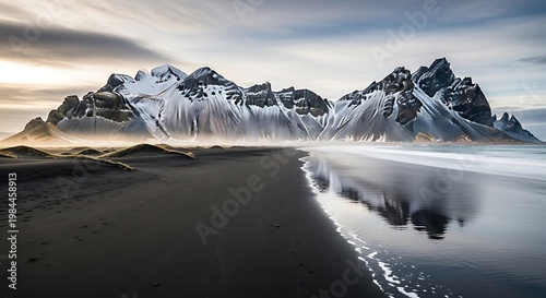 Vestrahorn Mountain Reflection on Black Sand Beach, Iceland.