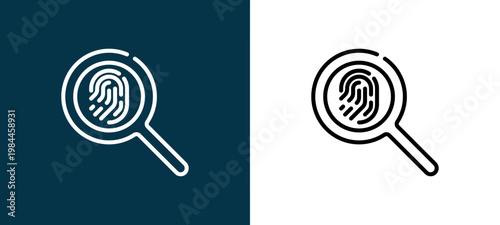 Black and white fingerprint line icon pair, editable stroke vector illustration for web, mobile apps, UI design, branding, and print from Law and Justice