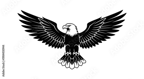 Bold black and white illustration of a soaring eagle with outstretched wings