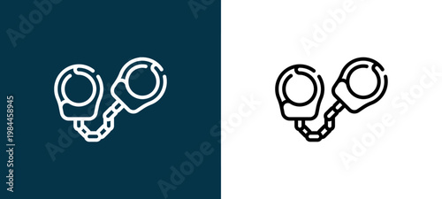 Black and white handcuff line icon pair, editable stroke vector illustration for web, mobile apps, UI design, branding, and print from Law and Justice