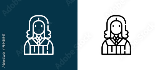 Black and white judge line icon pair, editable stroke vector illustration for web, mobile apps, UI design, branding, and print from Law and Justice