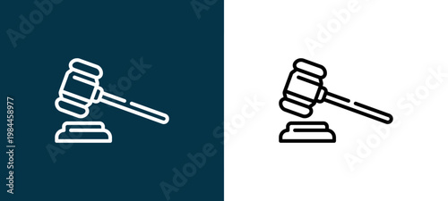 Black and white gavel line icon pair, editable stroke vector illustration for web, mobile apps, UI design, branding, and print from Law and Justice
