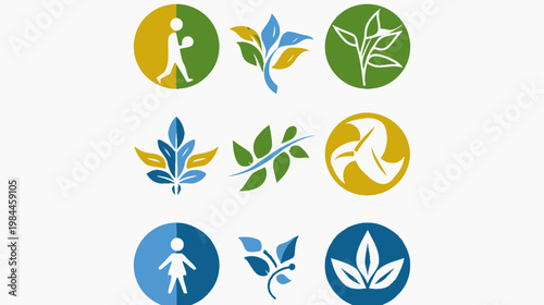 Set of abstract leaf and human figure logos for diverse design uses