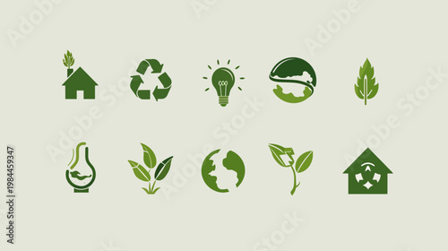 Eco friendly vector icons set for sustainable living and environmental protection