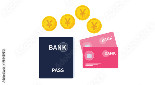 Financial flat illustration featuring a blue bank passbook, pink credit cards, and floating gold yen coins for money savings concepts.