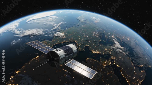Satellite orbiting Earth in space with solar panels