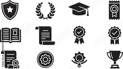 Education and achievement icons in black and white