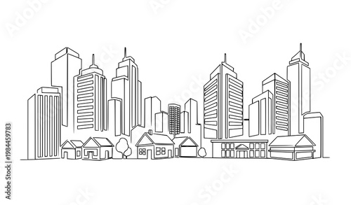 Continuous line urban architecture icon set with modern apartments houses and city buildings real estate vector illustration