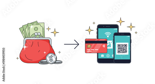 Infographic showing the shift from cash in a red purse to digital mobile payments using credit cards and qr codes.