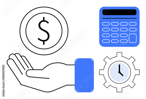 Financial planning, budgeting, time management, business strategy, economic growth, investment. A dollar coin in a hand with a calculator and a gear clock. Financial planning and budgeting concept