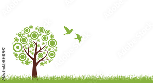 Minimalist nature scene with a brown tree trunk, green circular leaves, two flying birds, and a lush grass field.