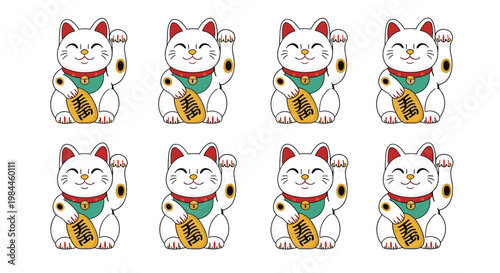 Set of eight identical white Maneki Neko lucky cat figurines with raised paws for wealth and good fortune symbols.