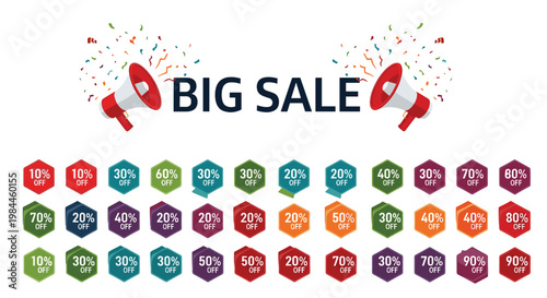 Big sale banner with two red megaphones and a large variety of colorful percentage discount tags for shopping events.