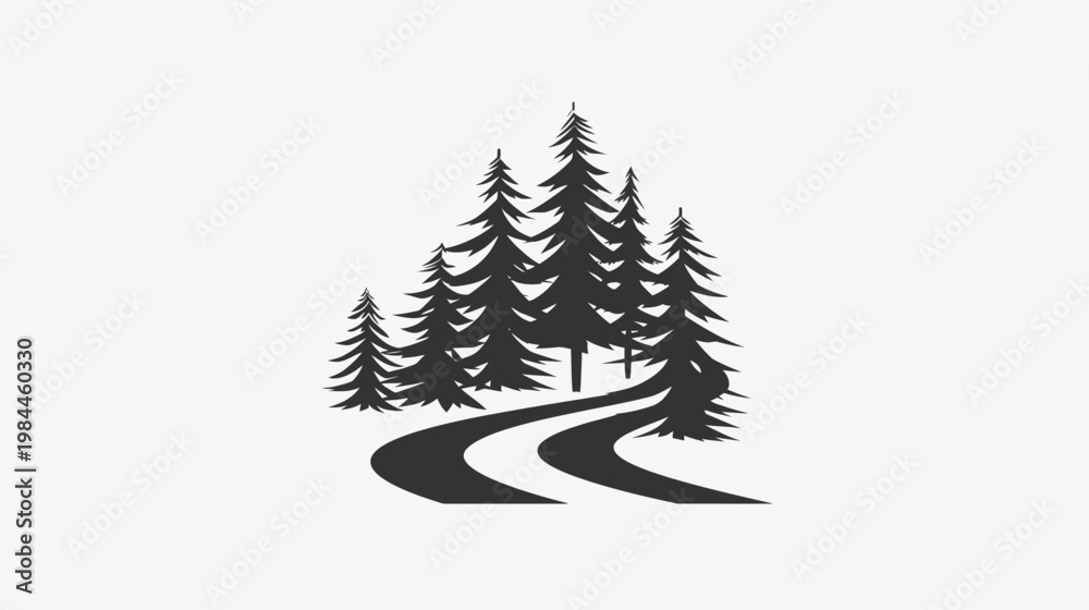 Fototapeta premium Black and white illustration of trees and winding road on white background