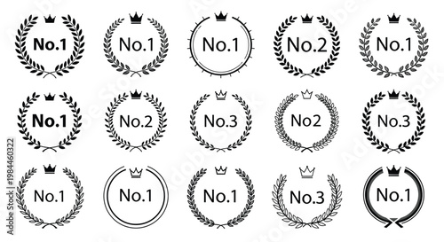 Collection of award wreath icons in black and white with number rankings from one to three for winners and achievements.