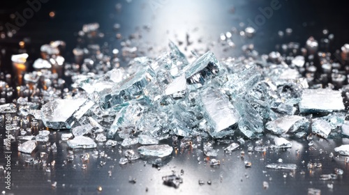 Pile of shattered tempered glass fragments on a dark reflective surface. Broken crystalline shards debris. Dangerous sharp object textures. Industrial materials and safety hazard concept.