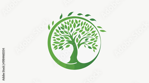 Stylized green tree symbol within a circle with leaves on white background