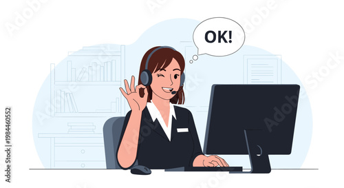 Friendly female customer service representative wearing a headset and making an okay sign while working at a computer desk in an office.