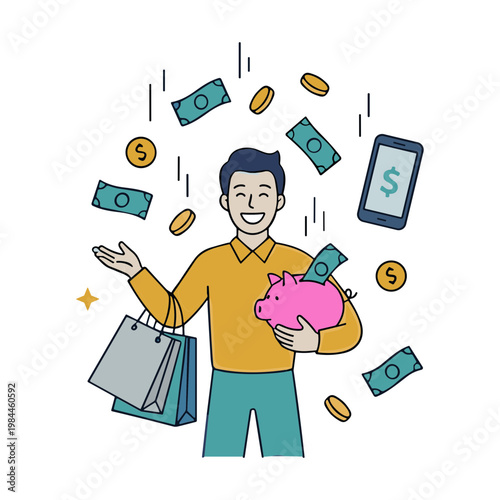A man happily holds a piggy bank and shopping bags with money and a phone around him.