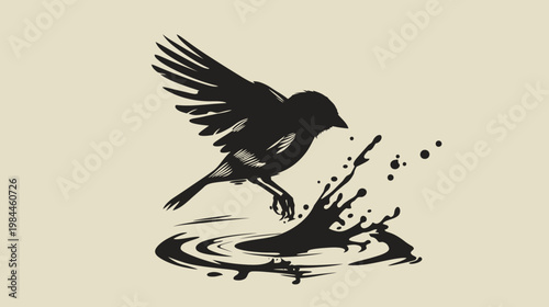 Silhouette of a bird flying over water with splash graphic illustration