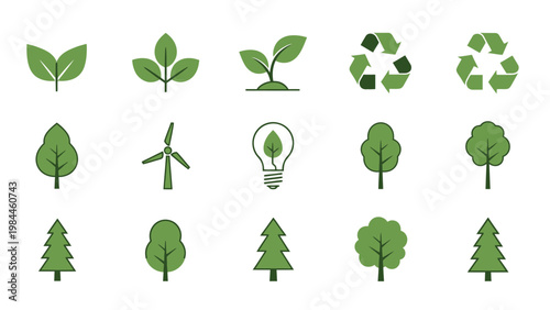 Eco friendly vector icons set depicting nature environment and sustainability concepts