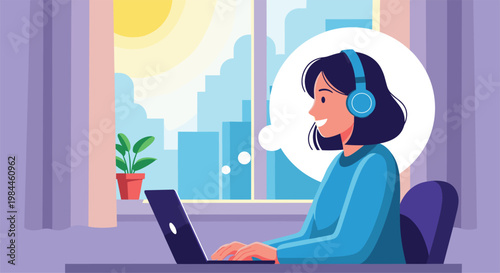 Cheerful young woman wearing headphones and working on a laptop in front of a sunny window with a city view in a modern home office.