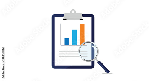 Business report concept featuring a clipboard with a bar chart and a magnifying glass for data analysis, research, and financial planning.